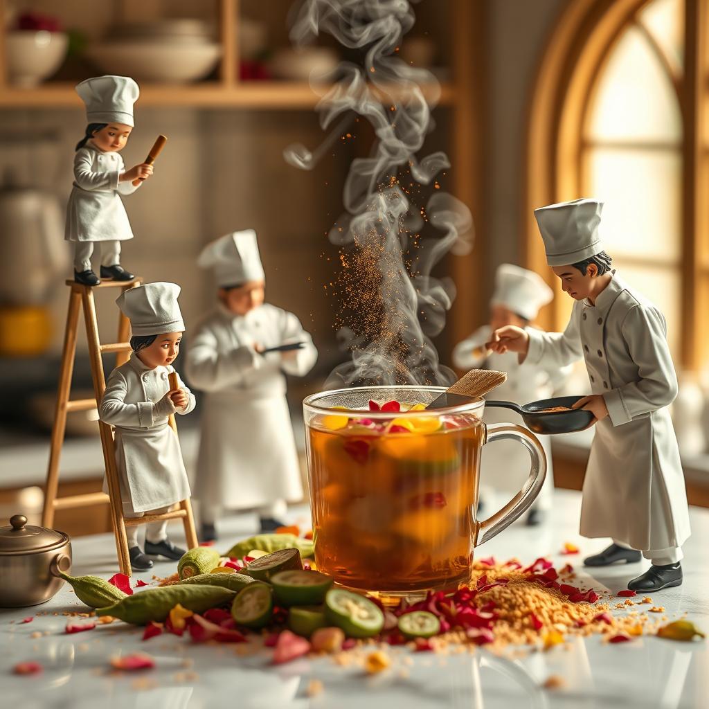 An incredibly realistic scene of a delicious kitchen where a team of miniature chefs in crisp white uniforms and tiny toques are preparing a delightful glass of narrow waist tea