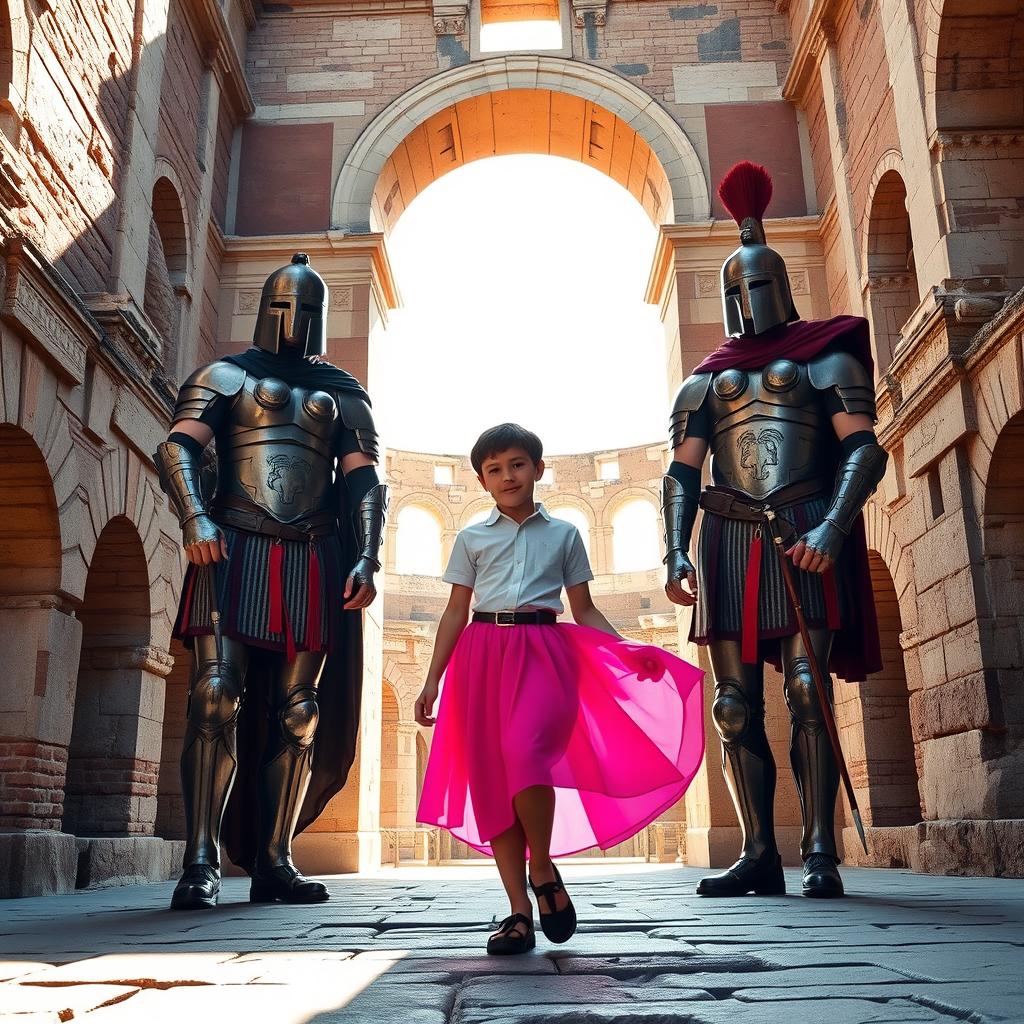 A 15-year-old boy wearing a vibrant pink skirt, strolling confidently through the majestic Roman Colosseum