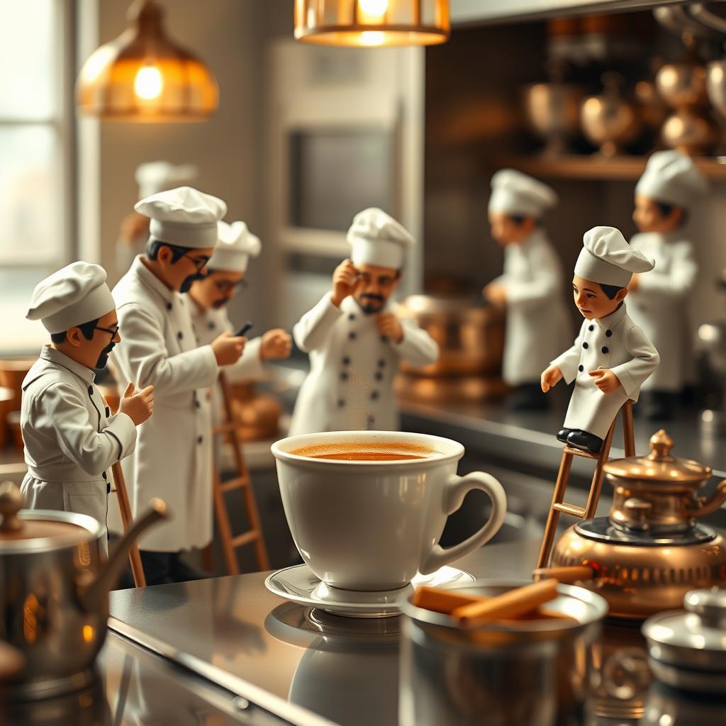 An incredibly realistic scene from a gourmet kitchen depicting a team of miniature chefs dressed in crisp white uniforms and tiny toques, actively preparing a delicious cup of slim-waisted tea
