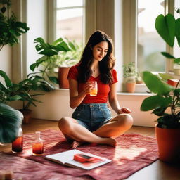 A tall brunette woman seated on her living room floor, painting her fingernails red, surrounded by lush plants, and sipping sangria. The room is bathed in the warm glow of a beautiful sunset visible through the window.