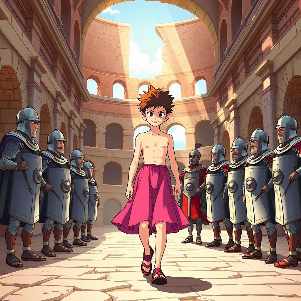 An anime-style illustration of a 15-year-old boy wearing a vibrant pink skirt, confidently walking through the grand Roman Colosseum