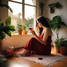 A tall brunette woman seated on her living room floor, painting her fingernails red, surrounded by lush plants, and sipping sangria. The room is bathed in the warm glow of a beautiful sunset visible through the window.