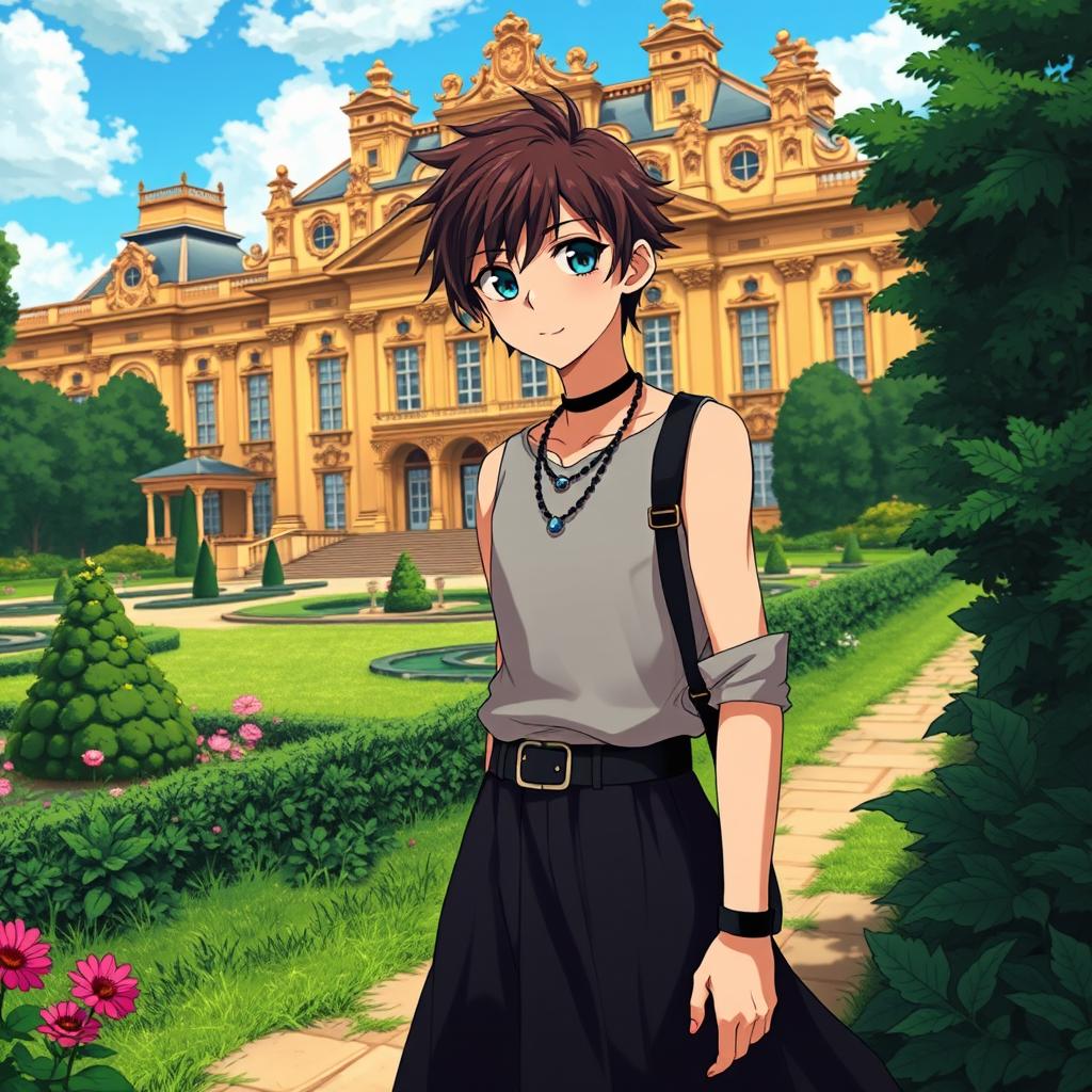 A 15-year-old boy wearing a dark skirt and a tight necklace, strolling through the gardens of Marie Antoinette's palace before the French Revolution