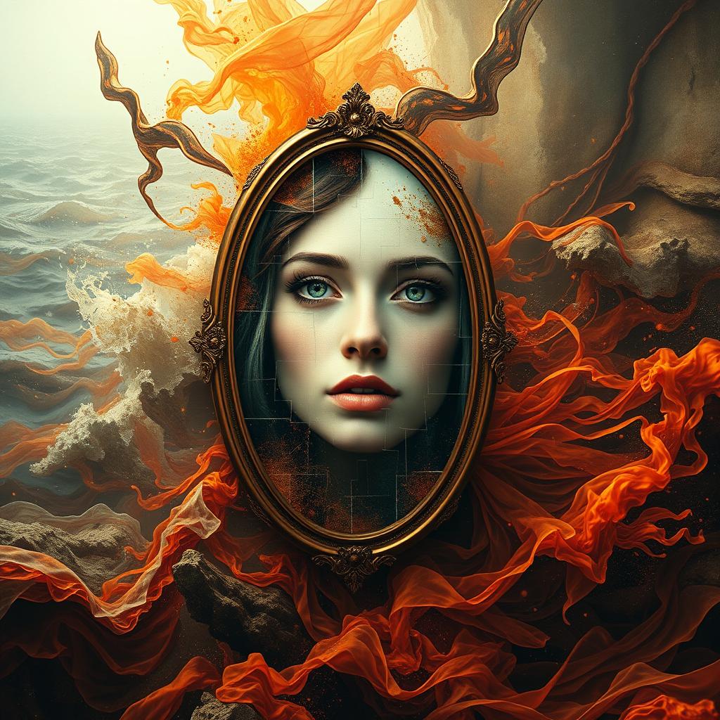 An abstract and surreal representation of the concept of language as a mirror, reflecting beauty and hidden secrets