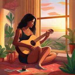 A tall brunette woman seated on her living room floor, surrounded by plants, painting her fingernails red, and sipping sangria. A breathtaking sunset through the window fills the room with a golden hue. Her Polynesian husband is playing a guitar nearby.