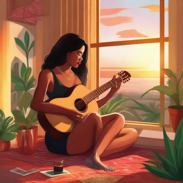 A tall brunette woman seated on her living room floor, surrounded by plants, painting her fingernails red, and sipping sangria. A breathtaking sunset through the window fills the room with a golden hue. Her Polynesian husband is playing a guitar nearby.