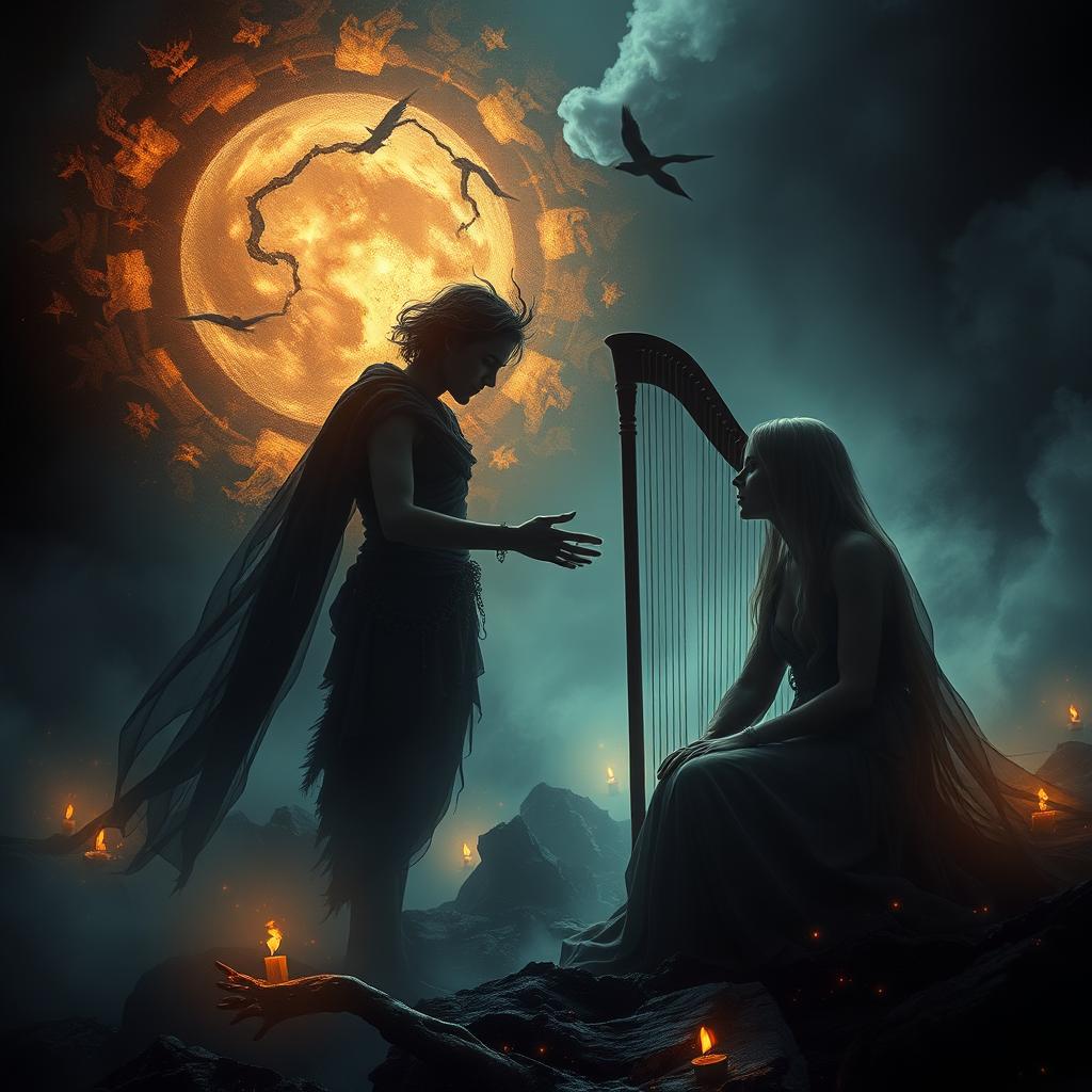 A mystical scene depicting a surreal, emotive moment shared between two figures in a dark, ethereal landscape symbolizing struggle and journey