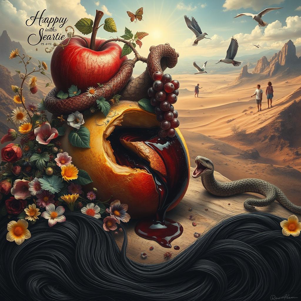 A surreal and symbolic scene depicting a decayed apple, symbolizing the original sin, with an explosion of vibrant colors and textures around it