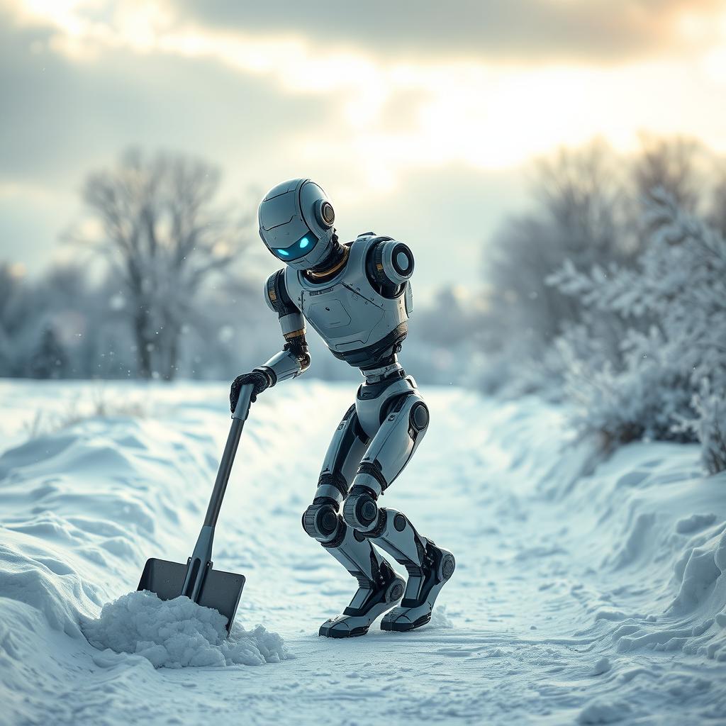 A futuristic worker robot equipped with a simple shovel, diligently clearing snow from a pathway