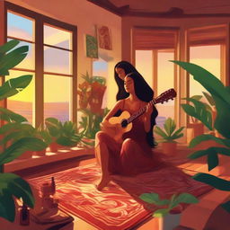 A tall brunette woman seated on her living room floor, surrounded by plants, painting her fingernails red, and sipping sangria. A breathtaking sunset through the window fills the room with a golden hue. Her Polynesian husband is playing a guitar nearby.