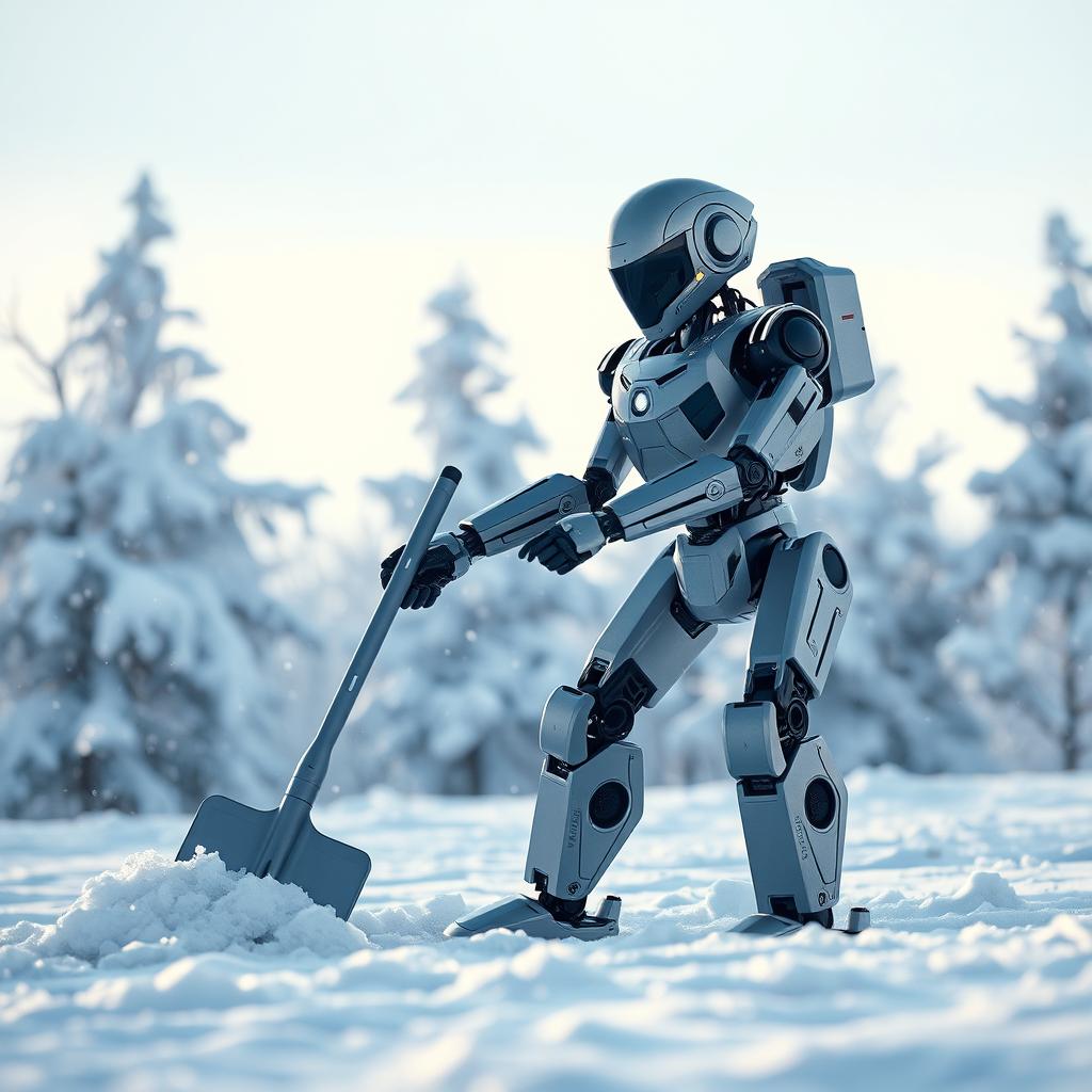 A futuristic worker robot equipped with a simple shovel, diligently cleaning snow in a serene winter landscape