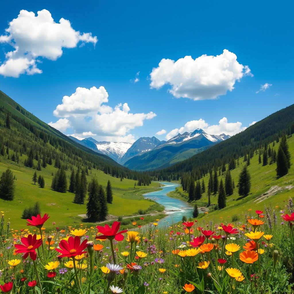 A serene landscape depicting a lush green valley under a bright blue sky, with fluffy white clouds gently floating by