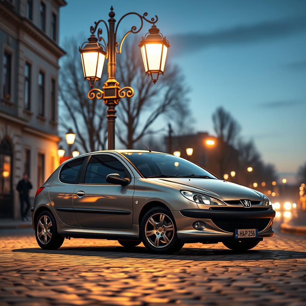 A stunning, artistic representation of a gray 206 car parked elegantly under the glow of an ornate street lamp