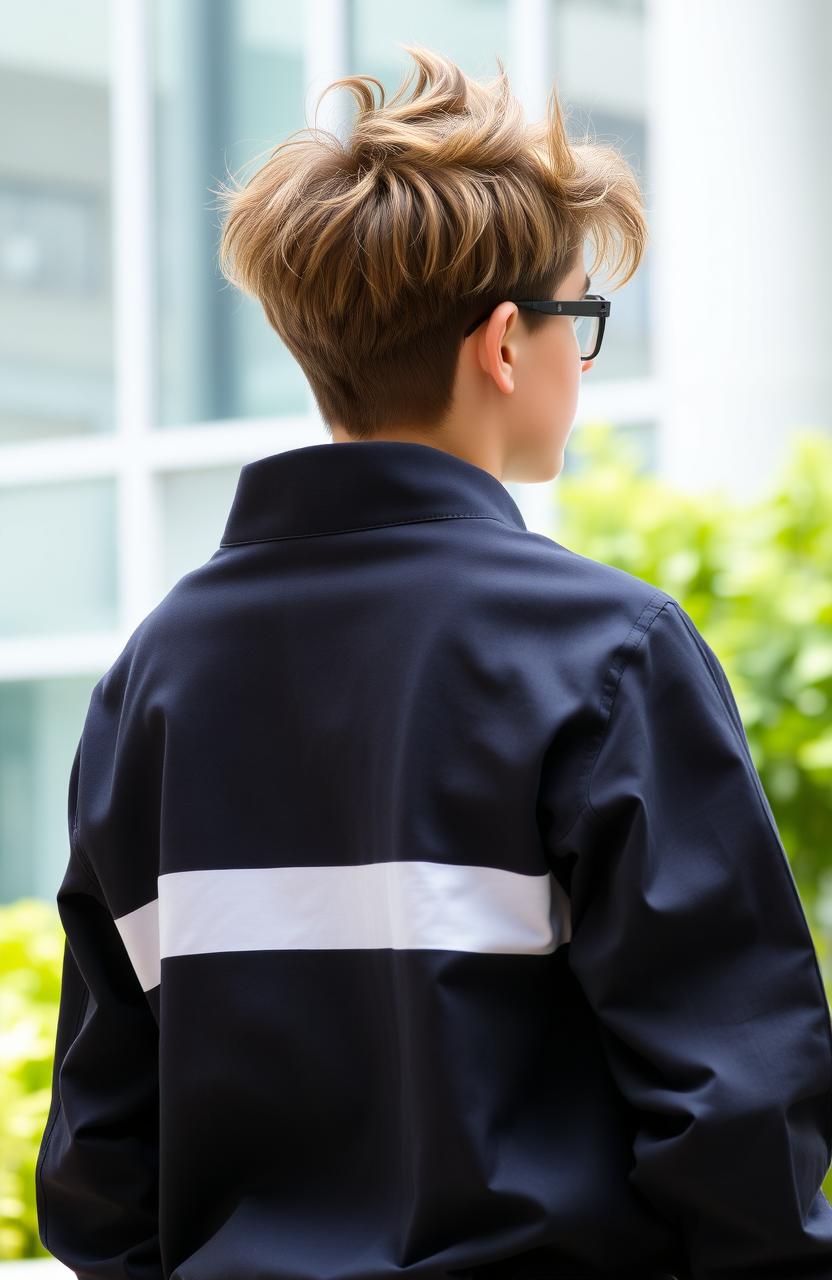 A stylish teenage boy, a member of a cool gang, photographed from behind