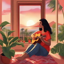 A tall brunette woman seated on her living room floor, surrounded by plants, painting her fingernails red, and sipping sangria. A breathtaking sunset through the window fills the room with a golden hue. Her Polynesian husband is playing a guitar nearby.