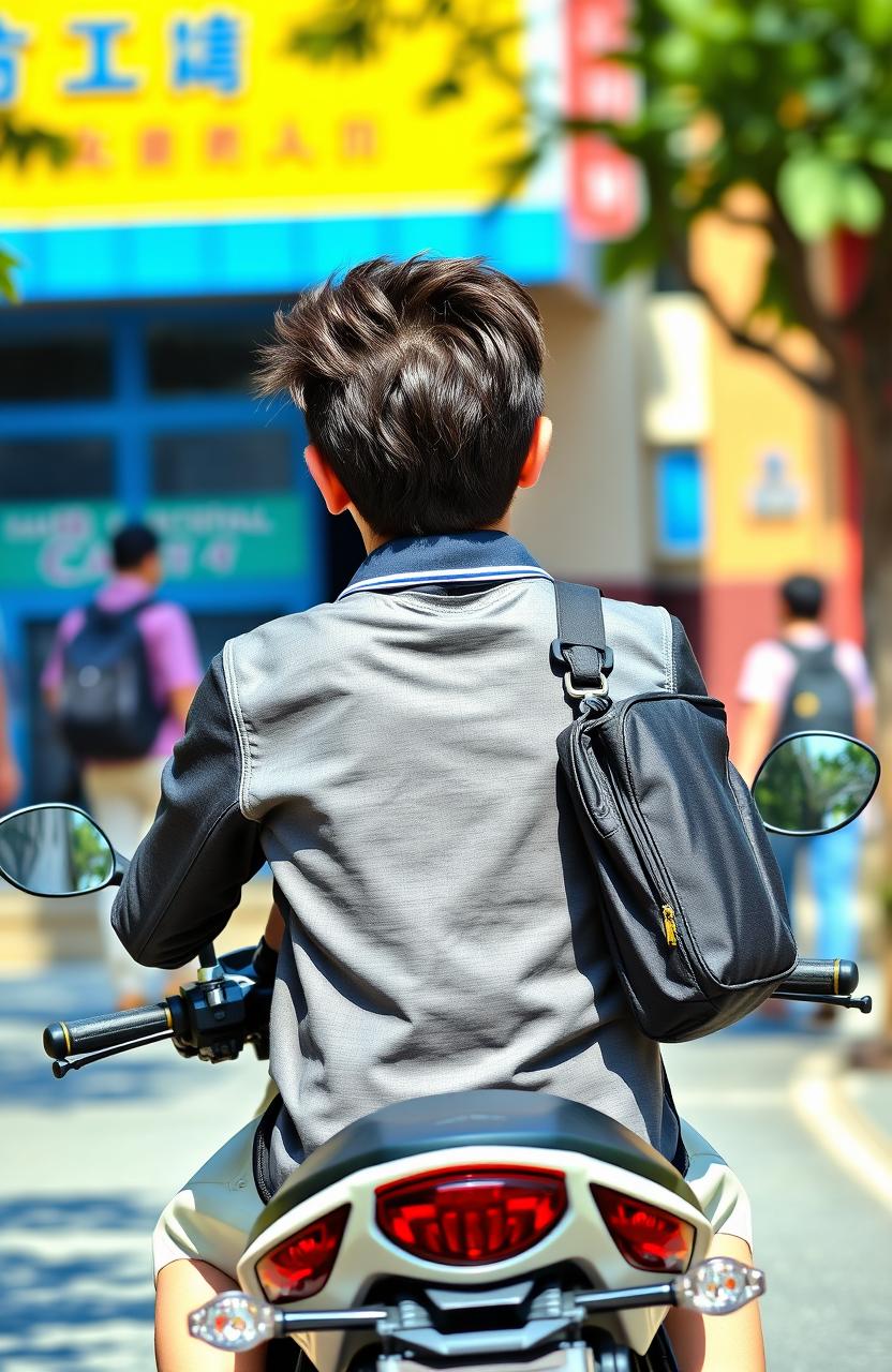 A handsome high school boy in a stylish school uniform, carrying a school bag while riding a cool motorcycle