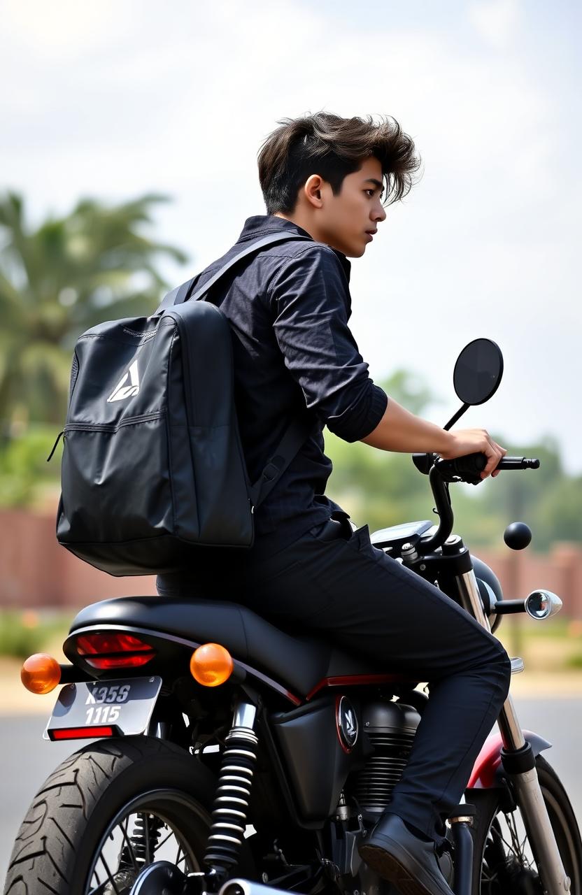 A handsome male high school student with a bad boy appearance, carrying a school bag and wearing a high school uniform consisting of a shirt and stylish school pants, riding a cool motorcycle
