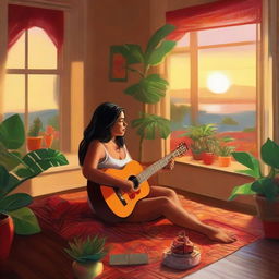 A tall brunette woman seated on her living room floor, surrounded by plants, painting her fingernails red, and sipping sangria. A breathtaking sunset through the window fills the room with a golden hue. Her Polynesian husband is playing a guitar nearby.