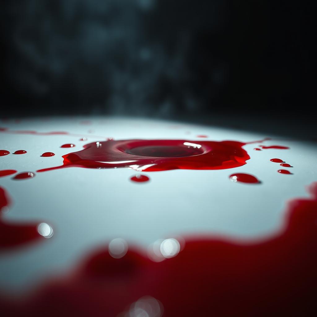 A striking and dramatic close-up image featuring a spilled pool of bright red blood on a stark white surface