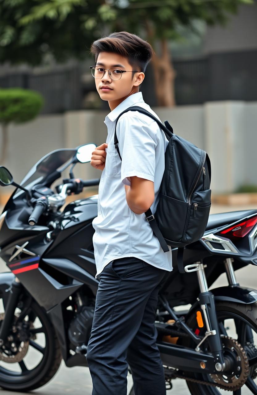A stylish high school boy, embodying a cool bad boy persona, standing next to a sleek motorcycle, carrying a school backpack