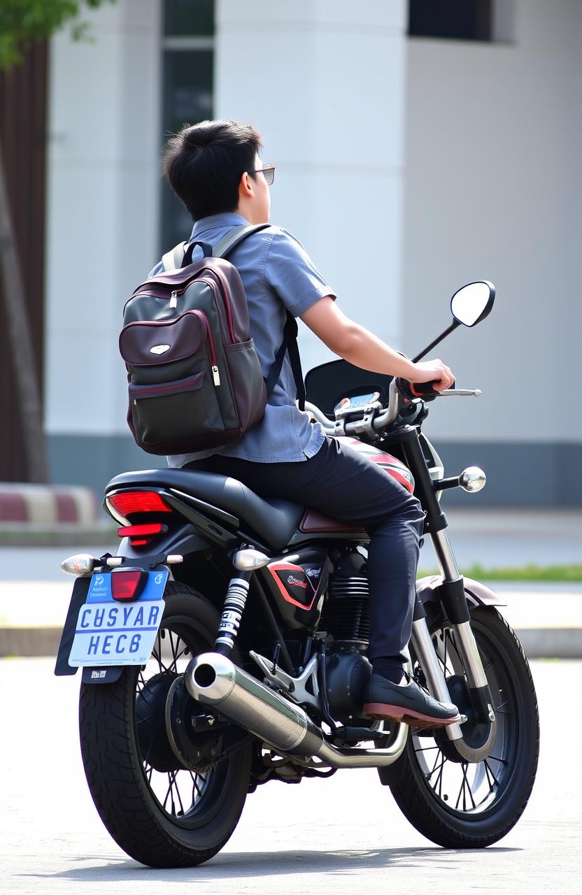 A stylish high school boy carrying a school backpack while wearing a classic high school uniform, including fitted pants, riding a sleek motorcycle