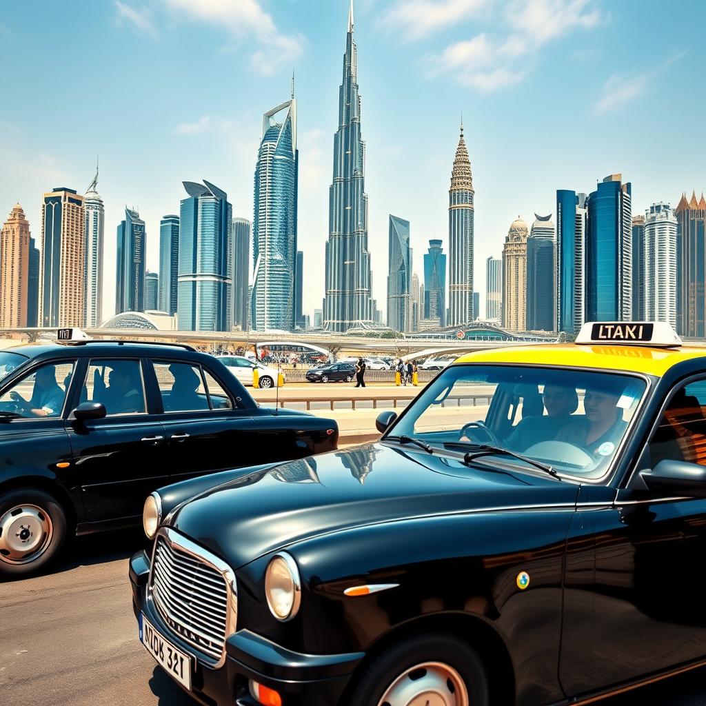 A vibrant scene featuring iconic London taxis in Dubai, with a stunning backdrop of the Dubai skyline showcasing its modern skyscrapers and architectural marvels