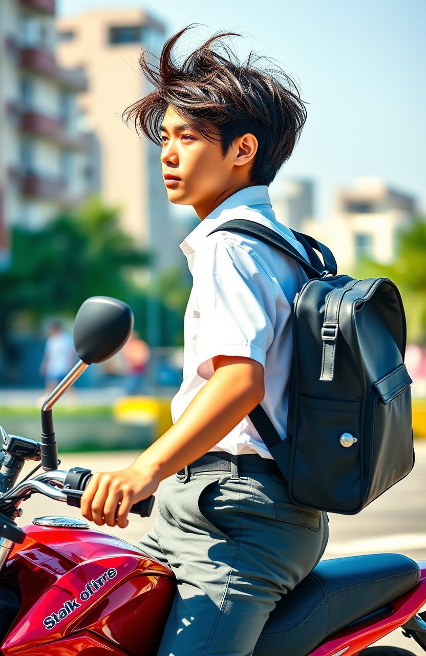 A handsome high school boy carrying a school bag, wearing a high school uniform with pants, riding a stylish motorcycle