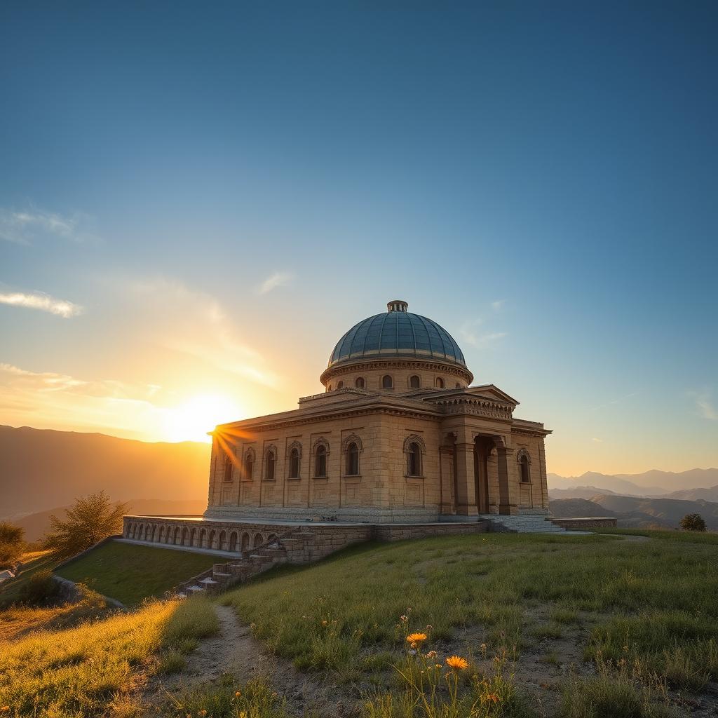 A stunning view of the historic Maragha Observatory located in Maragheh, Iran, showcasing its grand ancient structure with intricate architecture and surrounded by beautiful mountainous landscapes