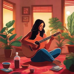 A tall brunette woman seated on her living room floor, surrounded by plants, painting her fingernails red, and sipping sangria, as the room glows with the warmth of a sunset. In the scene, her muscular Polynesian husband is melodically strumming a guitar.