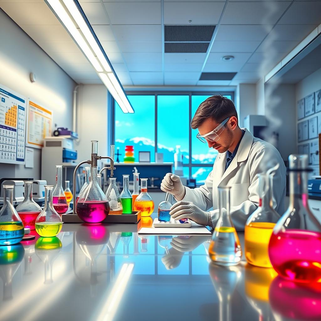 A vibrant and dynamic chemistry laboratory filled with advanced equipment, colorful chemical reactions occurring in glass beakers and flasks