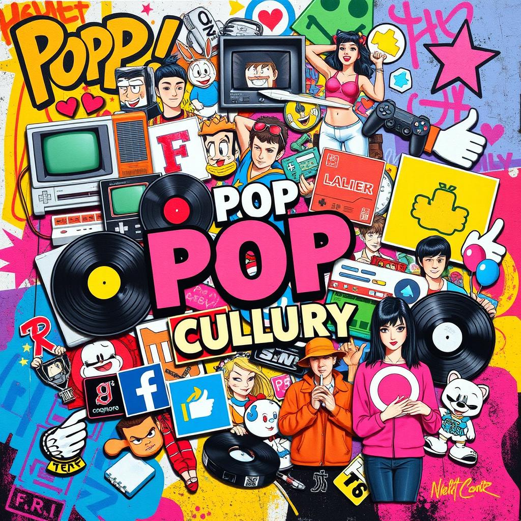 A vibrant and dynamic collage representing the influences of pop culture on millennials