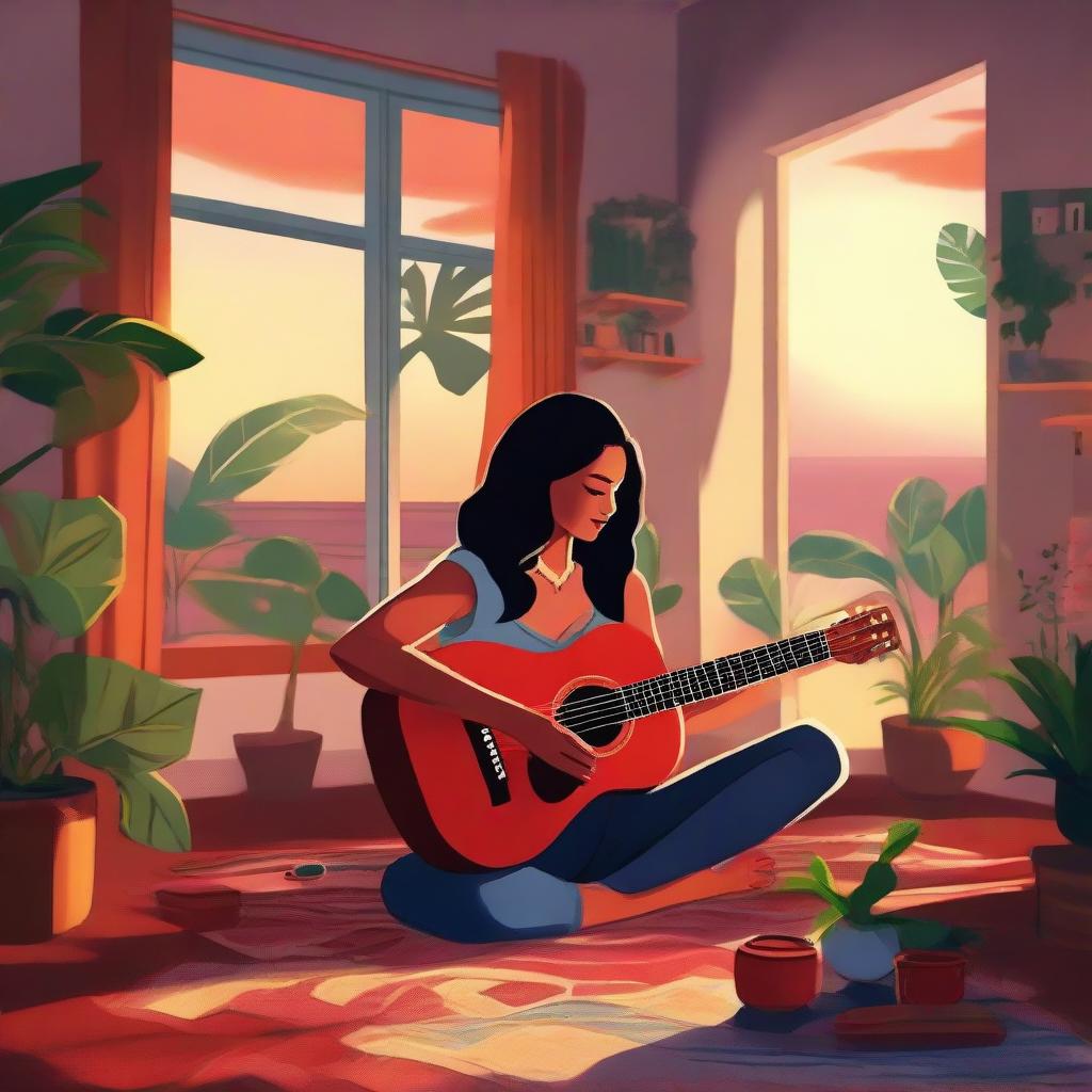 A tall brunette woman seated on her living room floor, surrounded by plants, painting her fingernails red, and sipping sangria, as the room glows with the warmth of a sunset. In the scene, her muscular Polynesian husband is melodically strumming a guitar.