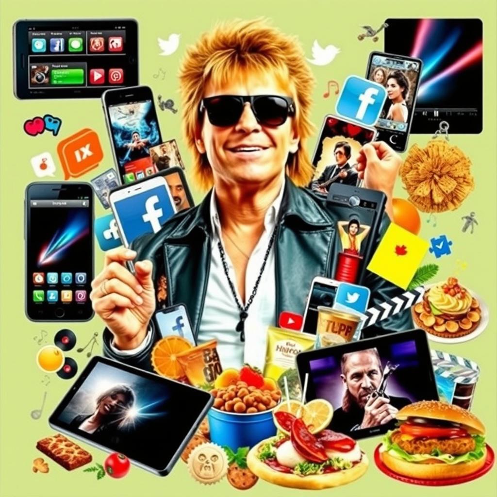 A vibrant and dynamic collage featuring a renowned music icon, various high-tech gadgets like smartphones and tablets, elements representing popular social media platforms such as icons and logos, iconic imagery from unforgettable films like movie posters or scenes, and delicious-looking food items including gourmet dishes and snacks