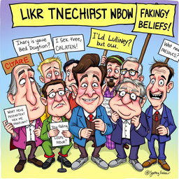 A humorous and satirical illustration depicting a group of foolish-looking people with exaggerated features, engaging in ridiculous activities that showcase their misguided beliefs