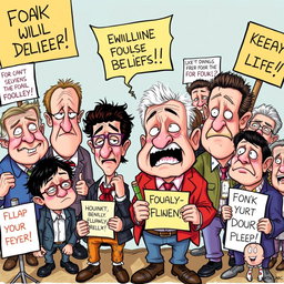 A humorous and satirical illustration depicting a group of foolish-looking people with exaggerated features, engaging in ridiculous activities that showcase their misguided beliefs
