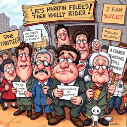 A humorous and satirical illustration depicting a group of foolish-looking people with exaggerated features, engaging in ridiculous activities that showcase their misguided beliefs