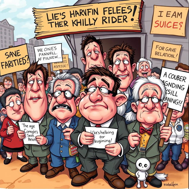 A humorous and satirical illustration depicting a group of foolish-looking people with exaggerated features, engaging in ridiculous activities that showcase their misguided beliefs
