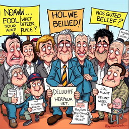 A humorous and satirical illustration depicting a group of foolish-looking people with exaggerated features, engaging in ridiculous activities that showcase their misguided beliefs