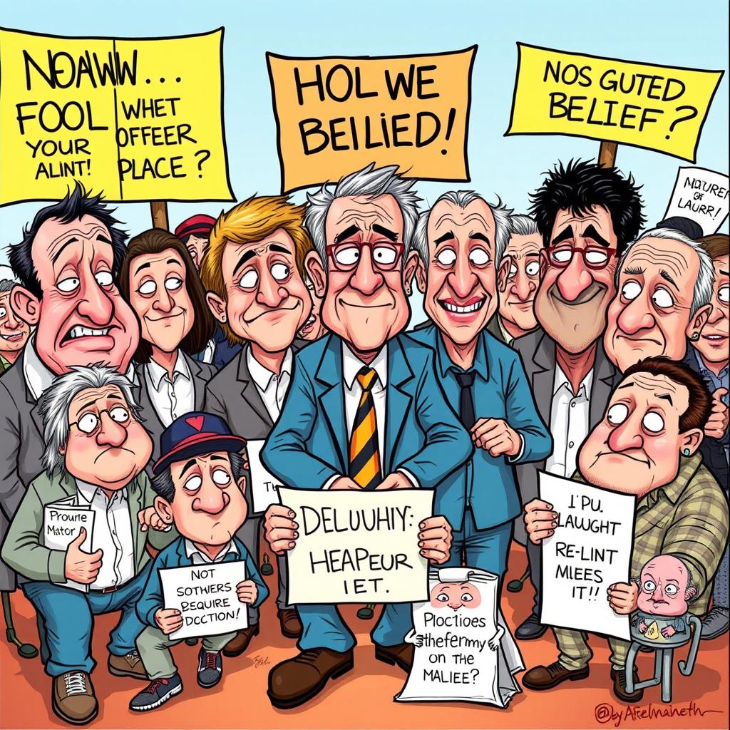 A humorous and satirical illustration depicting a group of foolish-looking people with exaggerated features, engaging in ridiculous activities that showcase their misguided beliefs