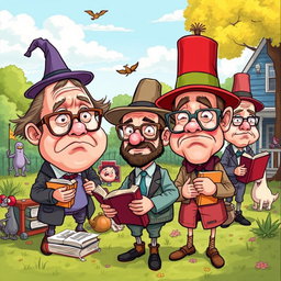A satirical illustration depicting exaggerated cartoonish characters representing foolish believers