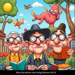 A satirical illustration depicting exaggerated cartoonish characters representing foolish believers