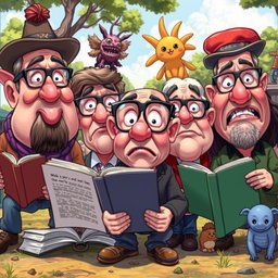 A satirical illustration depicting exaggerated cartoonish characters representing foolish believers