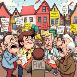 A satirical cartoon scene depicting a group of foolish characters fervently debating over ridiculous political ideologies