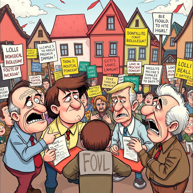 A satirical cartoon scene depicting a group of foolish characters fervently debating over ridiculous political ideologies