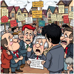 A satirical cartoon scene depicting a group of foolish characters fervently debating over ridiculous political ideologies