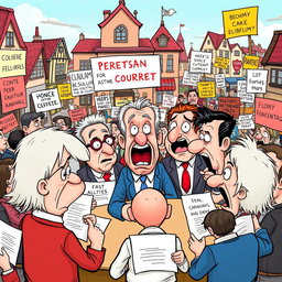 A satirical cartoon scene depicting a group of foolish characters fervently debating over ridiculous political ideologies