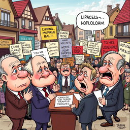 A satirical cartoon scene depicting a group of foolish characters fervently debating over ridiculous political ideologies