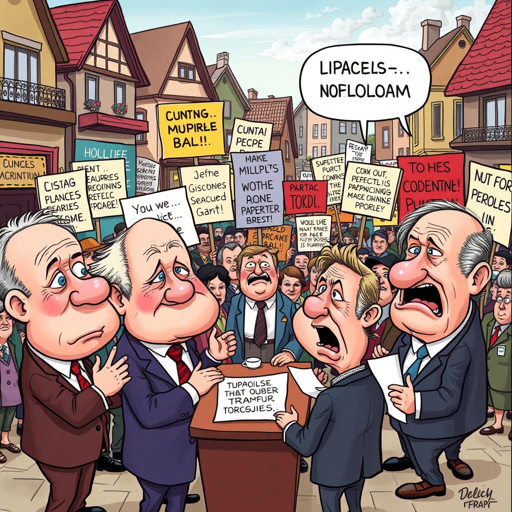A satirical cartoon scene depicting a group of foolish characters fervently debating over ridiculous political ideologies