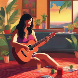 A tall brunette woman seated on her living room floor, surrounded by plants, painting her fingernails red, and sipping sangria, as the room glows with the warmth of a sunset. In the scene, her muscular Polynesian husband is melodically strumming a guitar.