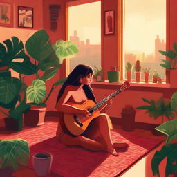 A tall brunette woman seated on her living room floor, surrounded by plants, painting her fingernails red, and sipping sangria, as the room glows with the warmth of a sunset. In the scene, her muscular Polynesian husband is melodically strumming a guitar.